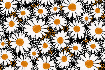 Floral pattern in daisies flowers on a dark (black) background with polka dots. Chamomile print. Seamless vector texture. Vintage Botanical wallpaper. Elegant template for fashion design. Retro chic. - 316421234