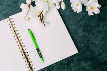 empty notebook, pencil and white flowers on a green background. women's daily planner, planning