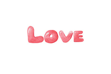 Hand drawn watercolor red soft cartoon word love isolated on white background. Concept of happy valentine's day, handwriting, handlettering, textile, decoration, post card