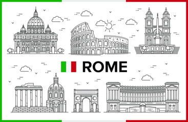 Rome, Italy. Coliseum, St. Peters Dome, Spanish Steps, Piazza Venezia, buildings and city sights. Vector illustration