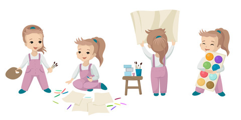 The girl in different poses, draws paint drawing. Vector illustration