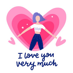Girl feeling in love with lettering texts - i love you very much - with heart on background. Cute vector, cartoon, valentine's day decoration card, banner, website.