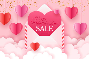 Valentines day sale banner template for social media advertising, invitation or poster design with paper art heart shapes and envelope background.