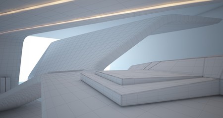 Abstract architectural white interior of a minimalist house with neon lighting. 3D illustration and rendering.