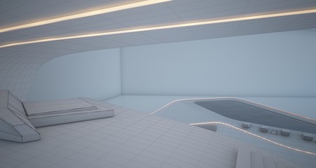 Abstract architectural white interior of a minimalist house with neon lighting. 3D illustration and rendering.