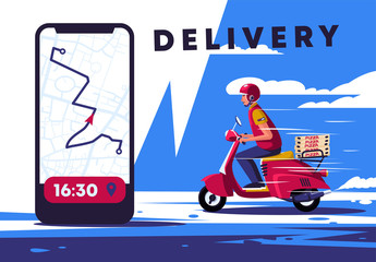 Vector illustration of a young man on a red scooter, pizza delivery man, smartphone with a map of the way to the delivery point