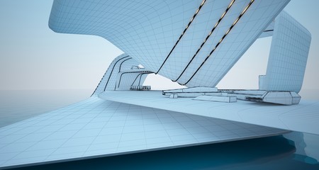 Abstract architectural white interior of a minimalist house with neon lighting. 3D illustration and rendering.