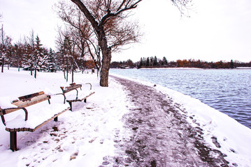 Peaceful quiet pathway along the Wascana creek in winter time.