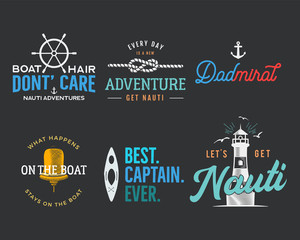 Nautical vintage prints designs set for t-shirts, apparel. Marine logos and badges. Retro typography with lighthouse and anchor. Navy emblems, sea and ocean style tees collection. Stock