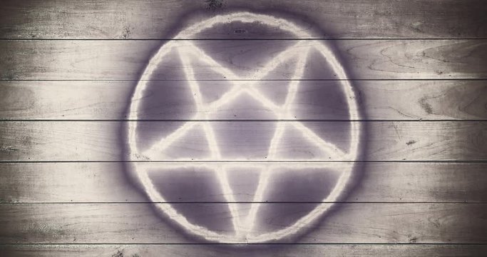 Pentacle symbol white neon on wooden background pentagram star amulet	