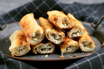 Fresh baked 'Börek', a baked filled pastries made of a thin flaky dough filled with sheep milk...