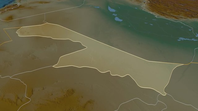 Al Hudud ash Shamaliyah, region with its capital, zoomed and extruded on the relief map of Saudi Arabia in the conformal Stereographic projection. Animation 3D