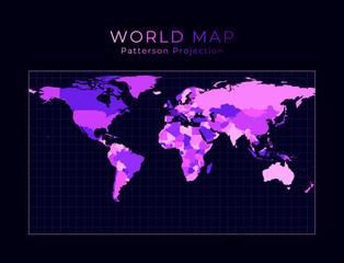World Map. Patterson cylindrical projection. Digital world illustration. Bright pink neon colors on dark background. Modern vector illustration.