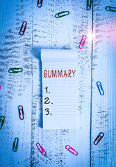 Text sign showing Summary. Business photo showcasing a brief statement or account of the main...
