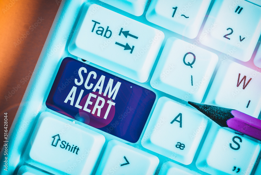 Poster word writing text scam alert. business photo showcasing warning someone about scheme or fraud notice