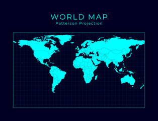 Map of The World. Patterson cylindrical projection. Futuristic Infographic world illustration. Bright cyan colors on dark background. Modern vector illustration.