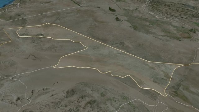 Al Hudud ash Shamaliyah, region with its capital, zoomed and extruded on the satellite map of Saudi Arabia in the conformal Stereographic projection. Animation 3D