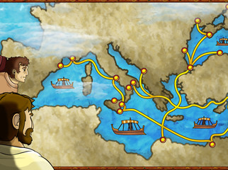 cartoon scene with greek or roman character or trader merchant on the map of mediterranean sea illustration for children
