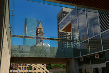 View of old Toronto City Hall through the new skate pavilion and concession building