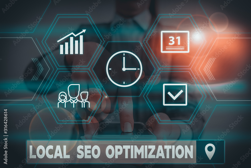Aufkleber conceptual hand writing showing local seo optimization. concept meaning increase search visibility t