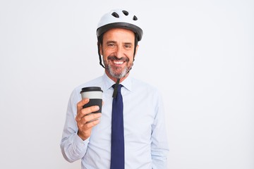 Middle age businessman wearing bike helmet drinking coffee over isolated white background with a happy face standing and smiling with a confident smile showing teeth