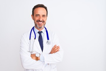 Middle age doctor man wearing coat and stethoscope standing over isolated white background happy face smiling with crossed arms looking at the camera. Positive person. - Powered by Adobe