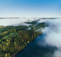 Landscape of Lithuania from the drone perspective in the early morning 