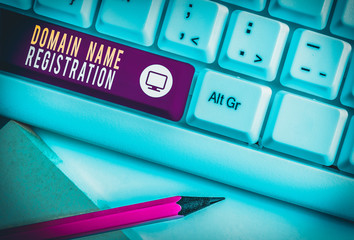Writing note showing Domain Name Registration. Business concept for Own an IP Address Identify a...