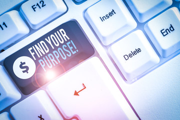 Text sign showing Find Your Purpose. Business photo showcasing reason for something is done or for...