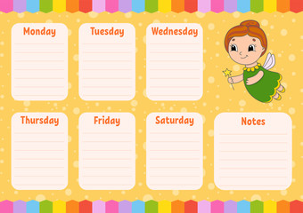 Tooth Fairy. School schedule. Timetable for schoolboys. Empty template. Weekly planer with notes. Isolated color vector illustration. Cartoon character.
