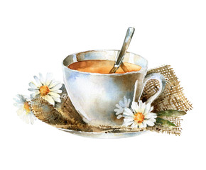 Watercolor cup of tea with chamomile - 316431215