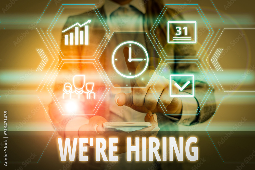 Poster writing note showing we are re hiring. business concept for process of reviewing applications and fi