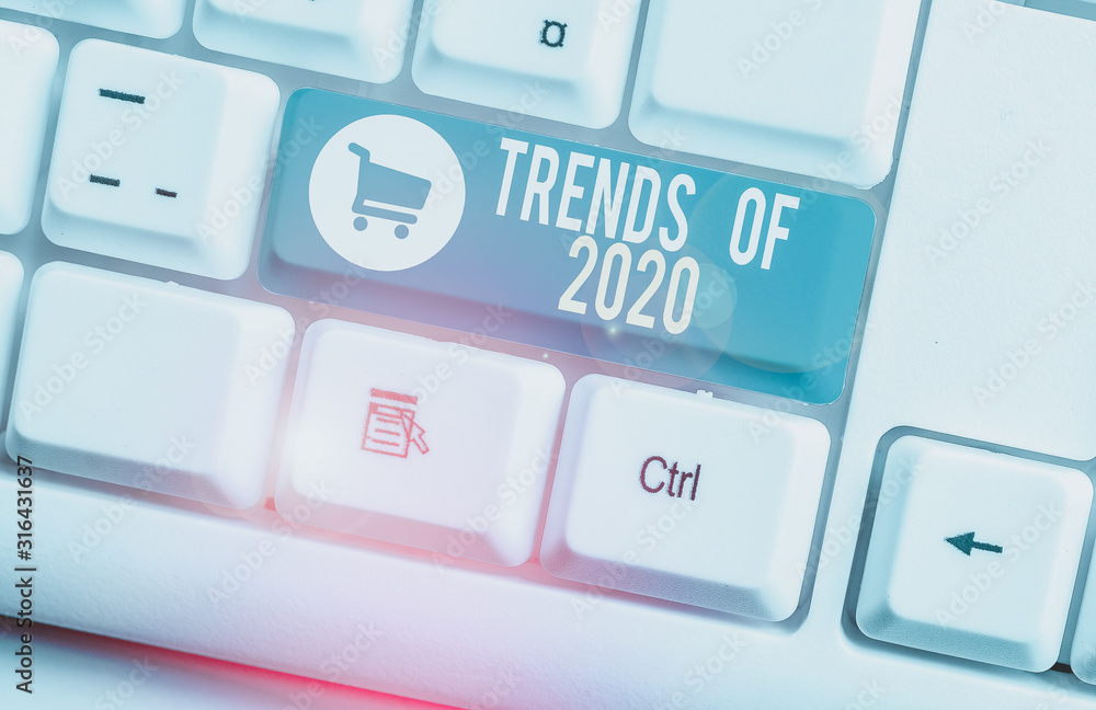 Aufkleber word writing text trends of 2020. business photo showcasing things that is famous for short period o