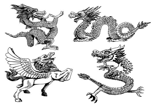 Graphical set of Chinese dragons isolated on white ,vector illustration 