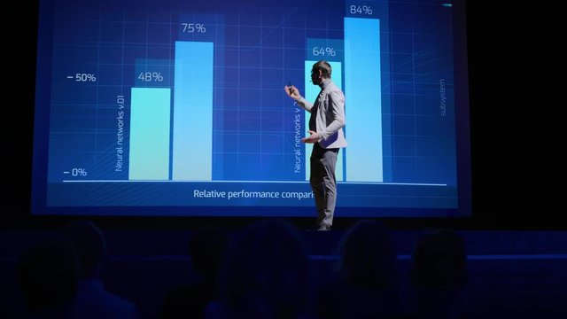 On-Stage Speaker Greets Audience, Presents Technology Product, Uses Remote Control for Presentation, Showing Infographics, Statistics Animation on Big Screen. Live Event / Start-up Conference