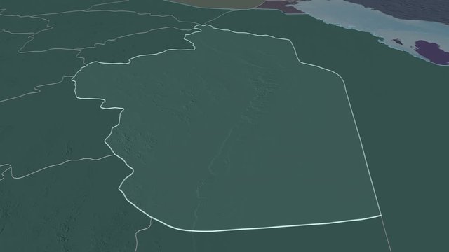 Ar Riyad, region with its capital, zoomed and extruded on the administrative map of Saudi Arabia in the conformal Stereographic projection. Animation 3D