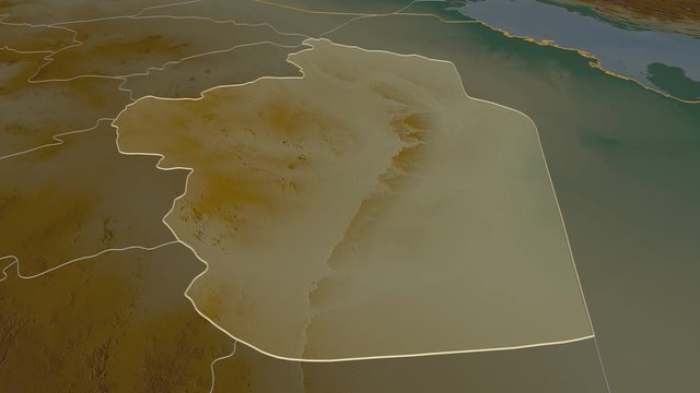 Ar Riyad, region with its capital, zoomed and extruded on the relief map of Saudi Arabia in the conformal Stereographic projection. Animation 3D