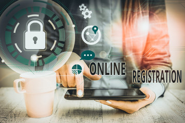 Conceptual hand writing showing Online Registration. Concept meaning System for subscribing or...
