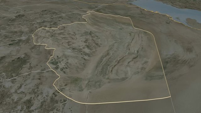 Ar Riyad, region with its capital, zoomed and extruded on the satellite map of Saudi Arabia in the conformal Stereographic projection. Animation 3D