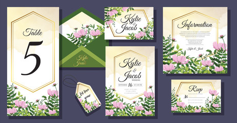 Set wedding invite, invitation, thank you, rsvp, label card vector floral design with pink wild flowers green leaves greenery foliage bouquet and golden frame. Watercolor elegant big set.