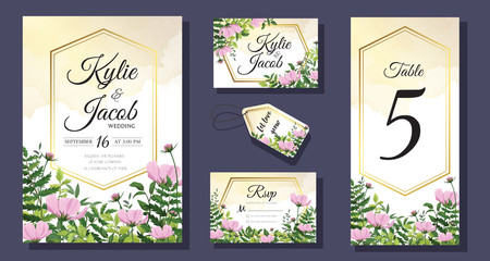 Set wedding Invitation card. Floral design with pink wild flowers and green watercolor fern leaves, foliage greenery decorative gold ribbon print. Vector elegant cute rustic greeting, invite, postcard
