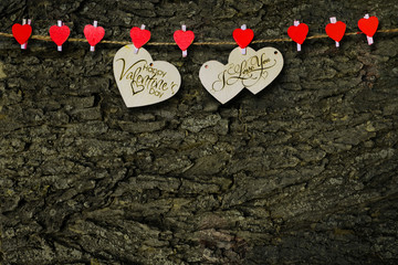 two wooden hearts on a string Two red hearts on a clothespin on. View from above. Valentine's day concept. dark tree bark background. Copy space for inscriptions.