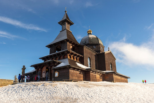 Radhost mountain peak, Chapel of St. Cyril and Methodius and their statue, Beskydy, Czech Republic