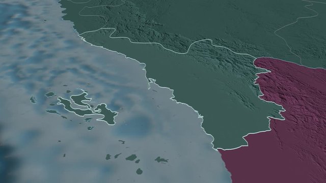 Jizan, region with its capital, zoomed and extruded on the administrative map of Saudi Arabia in the conformal Stereographic projection. Animation 3D