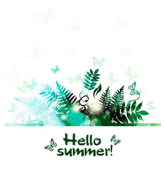 Naklejka na ściany i meble Abstraction summer. Green background with grass and herbs. Mixed media. Vector illustration