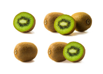 Kiwi fruit and slice isolated on white background. Tropical fruits on white. Kiwi with copy space for text. Fruits from different angles on white. Set of kiwi fruits.