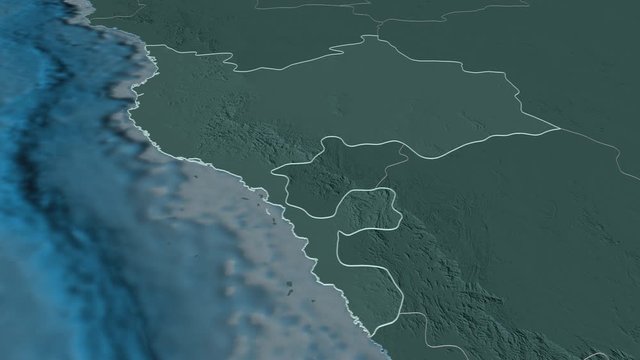 Makkah, region with its capital, zoomed and extruded on the administrative map of Saudi Arabia in the conformal Stereographic projection. Animation 3D