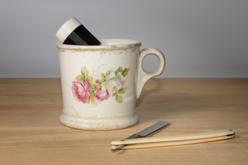 Antique Shaving Mug brush and Straight razor on Pine Board