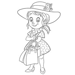 coloring page with pretty girl shopping