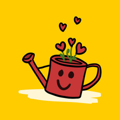 Beautiful watering can with red valentine heart flowers and smile. Isolated hand drawn cartoon drawing on yellow background. Clipart symbol of love.